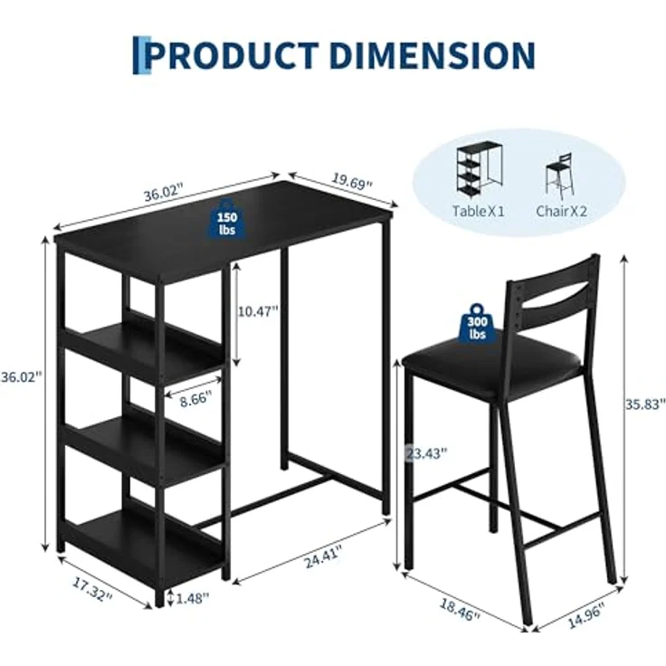 GarveeHome 3-Teiliges Esszimmer-Set Mit 2 Stühlen Und 1 Tisch, Platzsparender Esstisch Mit 3 Offenen Ablageflächen, Hoher Esszimmerstuhl Mit PU-Leder Sitzkissen, Für Esszimmer Und Wohnzimmer – Bild 3