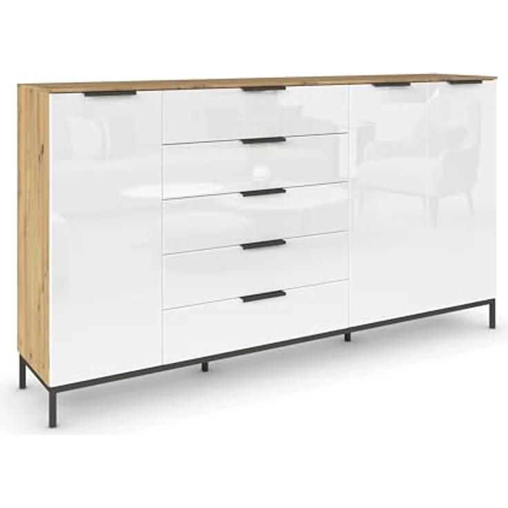 Rauch Möbel Flipp, Kommode mit Stauraum für Wohnzimmer, Schlafzimmer, 4 Fachböden, mit Metallkufe graphit, Eiche Artisan/Glasfront Weiß, 3-türig, Glastüren, 5 Schubkästen, Griffe graphit, 199 x 111 x 42 cm – Bild 2