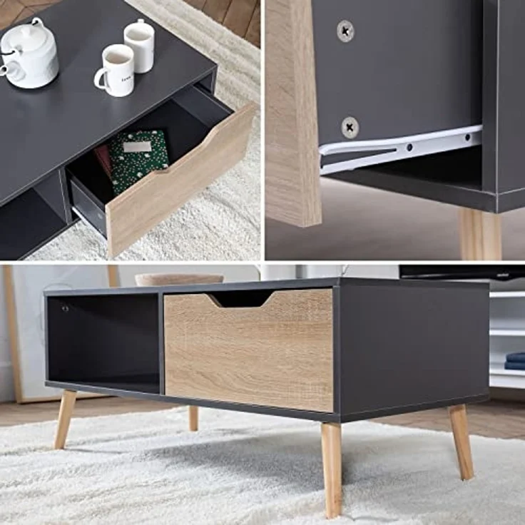 Happy Garden Couchtisch mit Schublade, skandinavischer Stil, Grau, Freja, Wohnzimmertisch aus Holz, mit Stauraum, rechteckiger Tisch mit Holzbeinen. – Bild 3
