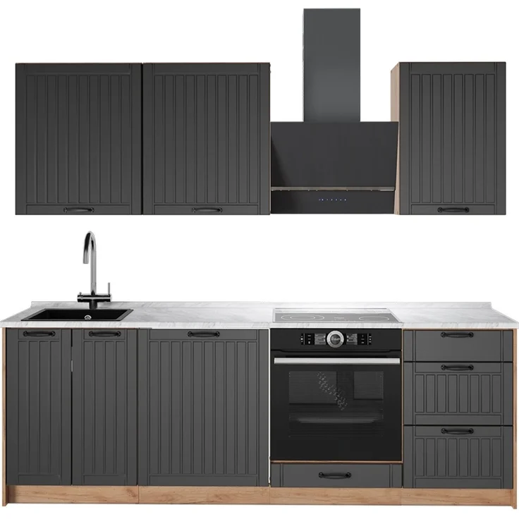 Küchenzeile Fame-Line Dunkelgrau/Goldkraft Eiche 230 cm, AP Marmor Vicco – Bild 1