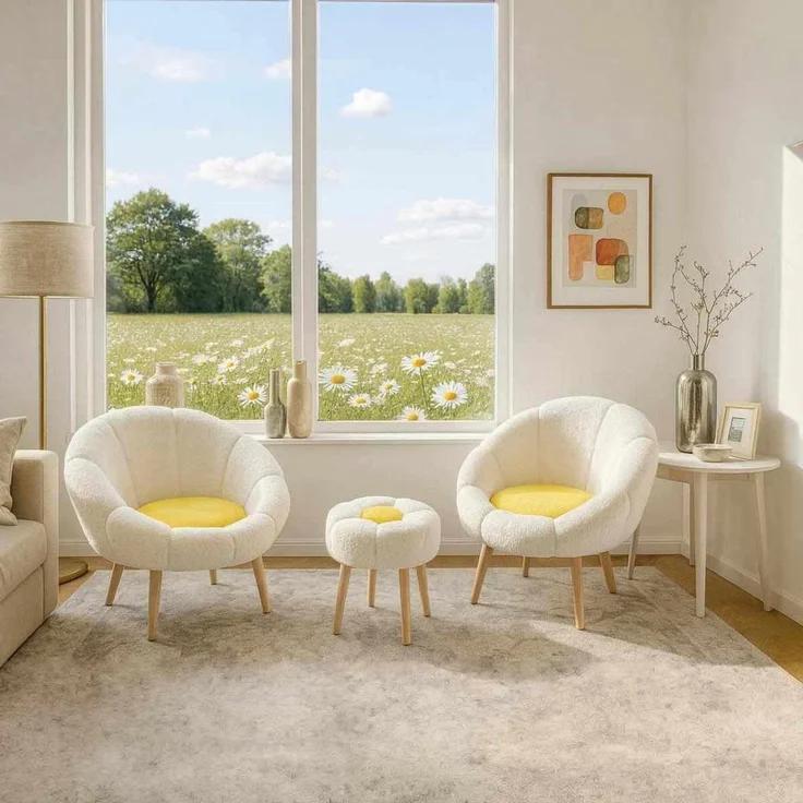 Hanah Home Elegantes Ohrensessel- und Pouf-Set (3-teilig), Weiß & Gelb, 100% Wellssoft-Stoff, 18 mm Melaminplatte | Perfekt für Moderne Wohnzimmer und gemütliche Räume – Bild 2