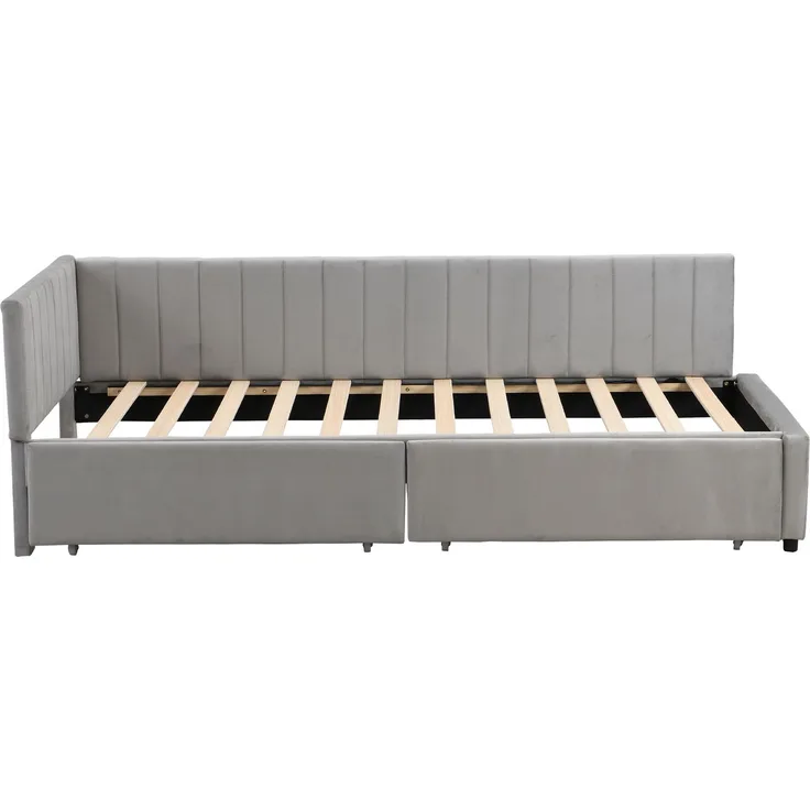 Polsterbett Schlafsofa, 90x200, Multifunktionsbett mit 2 großen Stauraumschubladen und Lattenrost, hautfreundlicher Samtstoff, Grau, 90 x 200 cm
