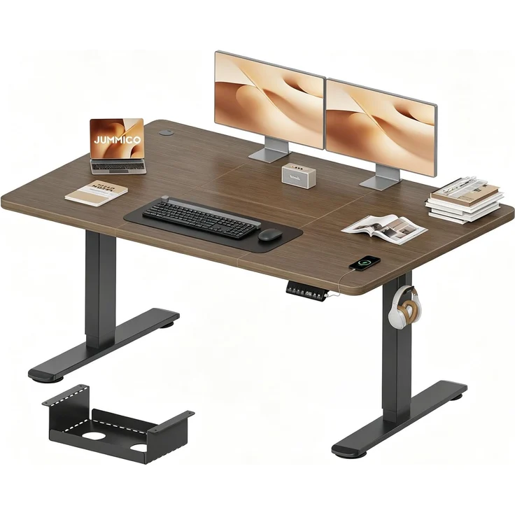 JUMMICO Höhenverstellbarer Schreibtisch 140x70 cm mit Kabelwanne & USB-A | Schreibtisch Höhenverstellbarer Elektrisch mit 18 mm Tischplatte, Sitz‑Erinnerung Computertisch,Walnuss