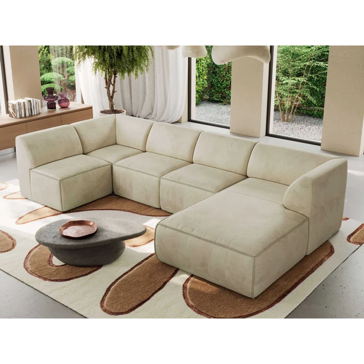 Modulares XXL-Ecksofa MODARO 5M, U-Form, Wohnlandschaft, 5-teilig, freistehend, Wohnzimmer Couch, HR-Schaumstoff - Beige Velvet - Rechts – Bild 4