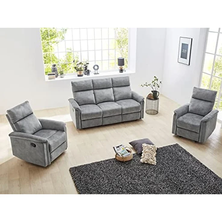 3-Sitzer-Relaxsofa Couch Liegefunktion Federkernpolsterung Velours Vintage Grau – Bild 6