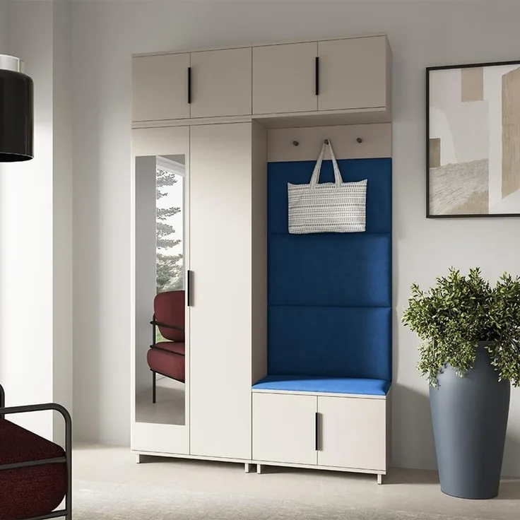 Garderoben-Set Napoli Version 1: Kleiderschrank mit Polsterpaneelen, Schuhschrank und Schrankaufsatz Flur und Eingangsbereich (Cashmere/Trinity 31), 189 x 40 x 140 cm