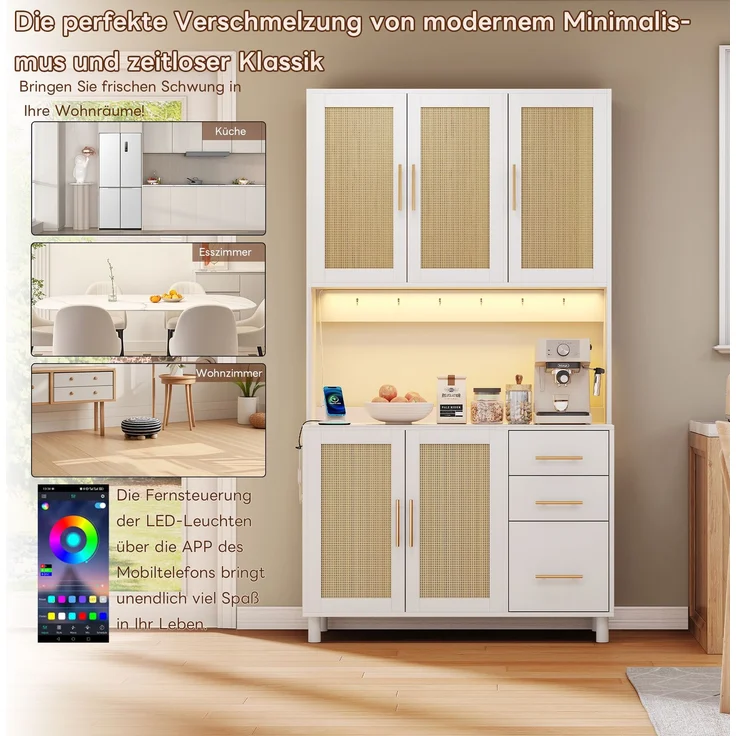 183cm Küchenanrichte, Buffet, App-gesteuerte LED-Deko-Lichter, 2 x USB, 2 x Steckdosen, verstellbare Einlegeböden, 3 Schubladen, goldene Metallgriffe, ideal für Küchen und Esszimmer. – Bild 5
