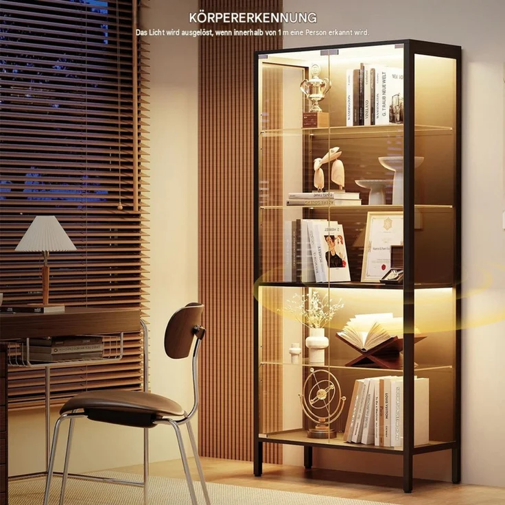 Glasvitrine 75x35x162.5 cm, 5-stöckige Vitrine mit LED-Beleuchtung, verstellbaren Glasböden und Sensor, Schwarz – Bild 2
