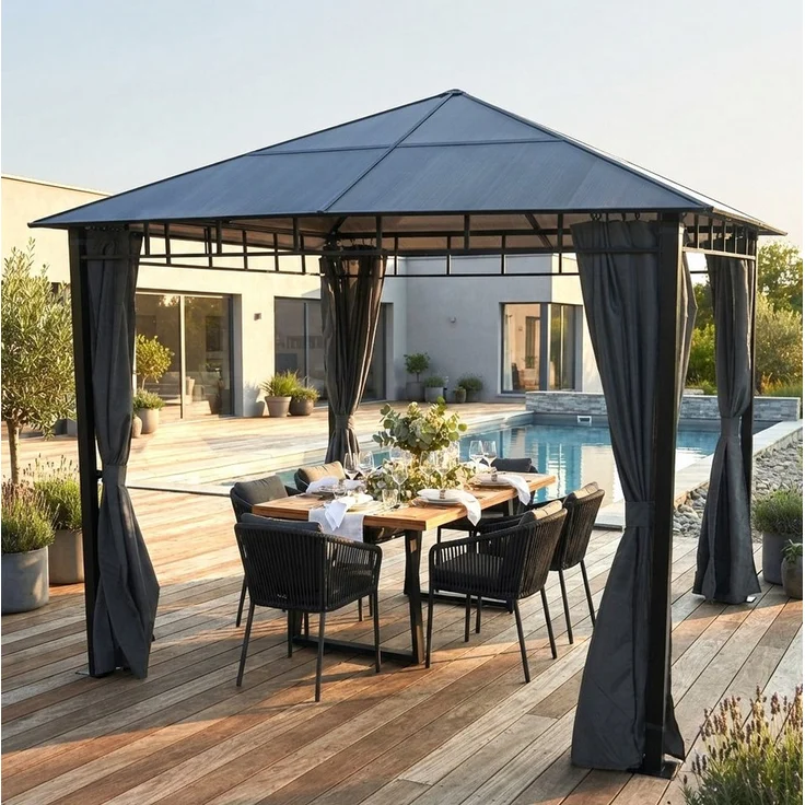 Apex Pavillon Aluminium Dach Pavillon 3x3m mit Polycarbonat-Doppelstegplatten, pulverbeschichtet in schwarz, inkl. verschließbaren Seitenvorhängen in anthrazit/grau
