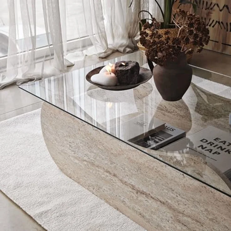Modern Coffee Table, 105 cm Width, 35 cm Height, 65 cm Depth | 100% Tempered Glass & Melamine Coated Frame | Elegant Travertine & Transparent Design – Bild 8