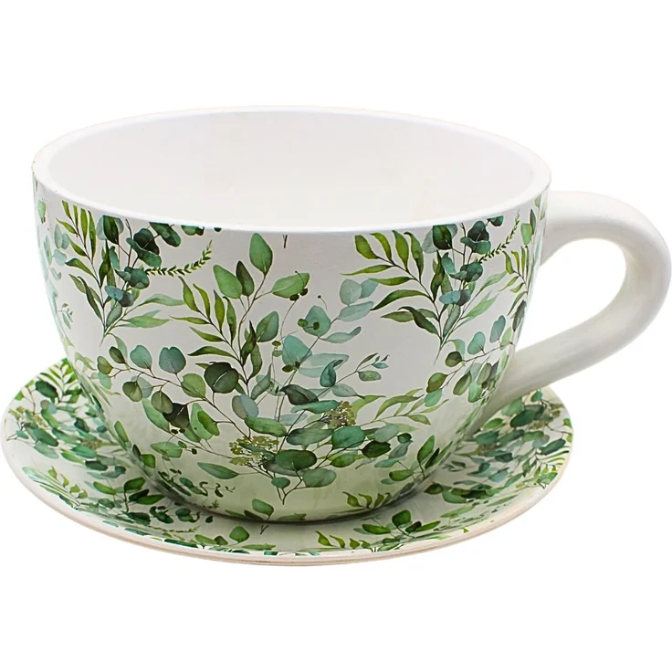 Dekohelden24 XXL Blumentopf, Pflanztasse, Pflanzkübel, Pflanzgefäß, Blumenkübel, Pflanztopf. Übertopf als Tasse mit Griff aus Keramik, Motiv: Ranke, L/B/H 34 x 28 x 16 cm.