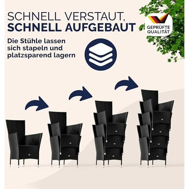 Casaria Garten-Essgruppe, Polyrattan 4 Stühle Stapelbar 90x90cm Esstisch WPC Holz Wetterfest – Bild 6