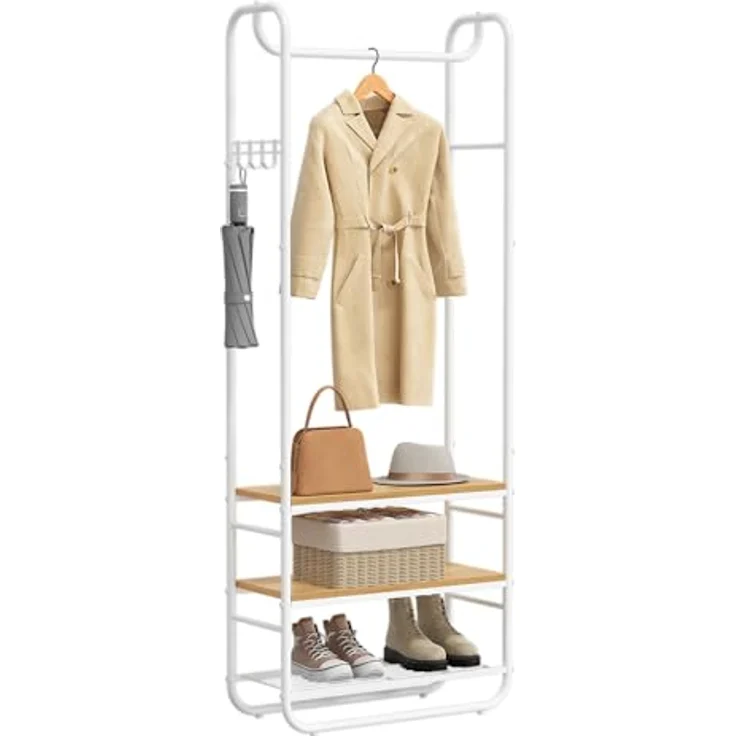 VASAGLE Garderobenständer, Garderobe, Kleiderständer, mit Schuhablage, Schuhregal, Flur, Schlafzimmer, 58 x 28 x 181 cm, skandinavisch, mattweiß-goldeichenfarben HSR81WN – Bild 2