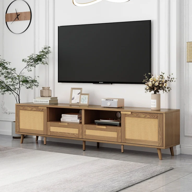 TV-Schrank, Rattan-Design, mit 2 Türen, 2 Schubladen & höhenverstellbaren Füßen, 200x37x49 cm, Eiche – Bild 2