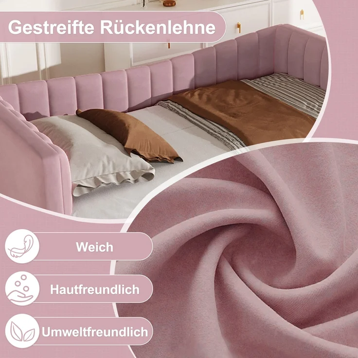 ZUBALIYA Tagesbett 90x200 / 180x200 cm, Bezug aus Samt, Außenmaße 215 x 196,5 x 75 cm, als Schlafplatz für Schlafzimmer und Gästezimmer, Rosa – Bild 7
