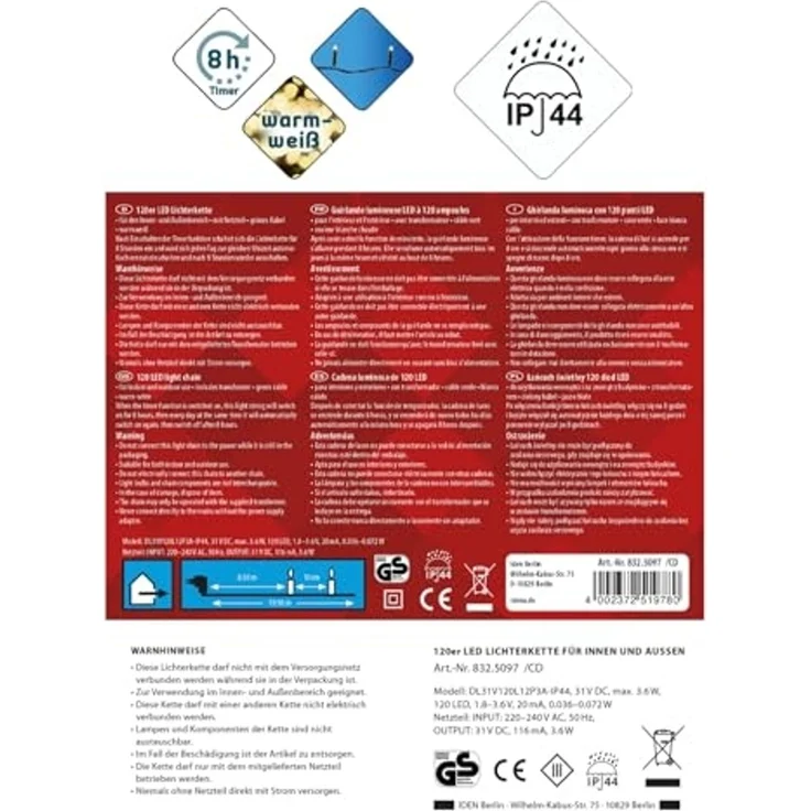 Idena 8325097 - LED Lichterkette mit 120 LEDs in Warmweiß, mit 8 Stunden Timer Funktion und Transformator, ca. 19,9 m lang, Deko für Innen & Außen, als Party Deko, Weihnachtsdeko, zur Hochzeit – Bild 2