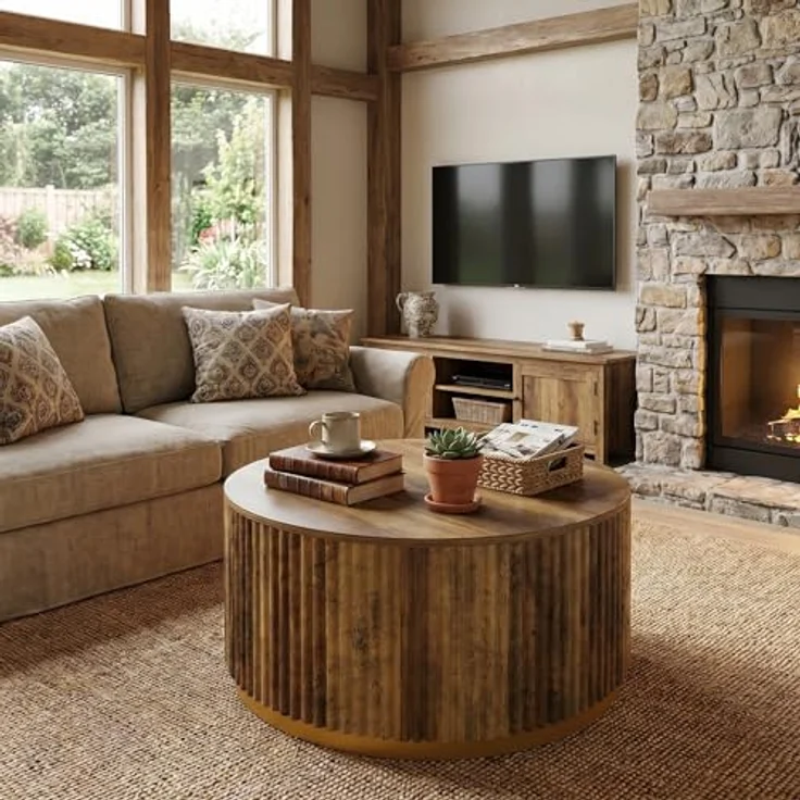 LITTLE TREE Runder Couchtisch, Gerilltes Holz mit Goldenem Metallsockel, 80 cm Durchmesser, Rustikales Braun, Massivholz, Mid-Century Modern für Wohnzimmer – Bild 6