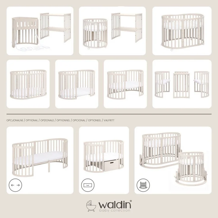 Waldin Babybett Oval 7in1 mitwachsend, Beistellbett, Matratze, Rollen, Buche, Kaschmir – Bild 2