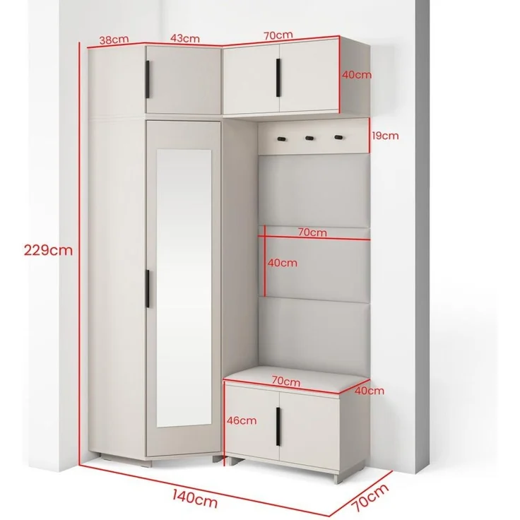 Garderoben-Set Napoli Version 19: Kleiderschrank mit Polsterpaneelen, Schuhschrank und Schrankaufsatz Flur und Eingangsbereich (Cashmere/Trinity 01), 229 x 70 x 140 cm – Bild 2
