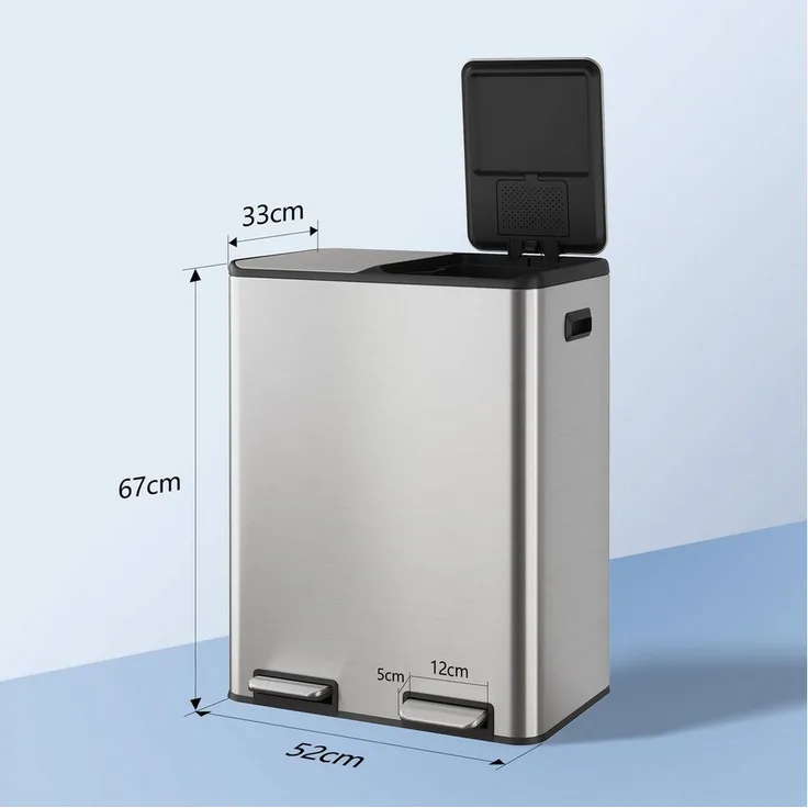 WLIVE Mülleimer Küche 30/60L, Doppel-Mülleimer aus Edelstahl mit 2 Fächern, Soft-Close Deckel und Mülltrennsystem, silber