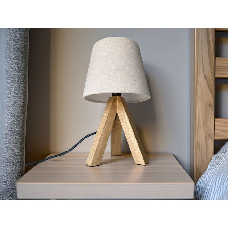 Tischlampe mit Dreibein aus Holz, Stoffschirm Creme Weiß, Höhe 27cm – Bild 7