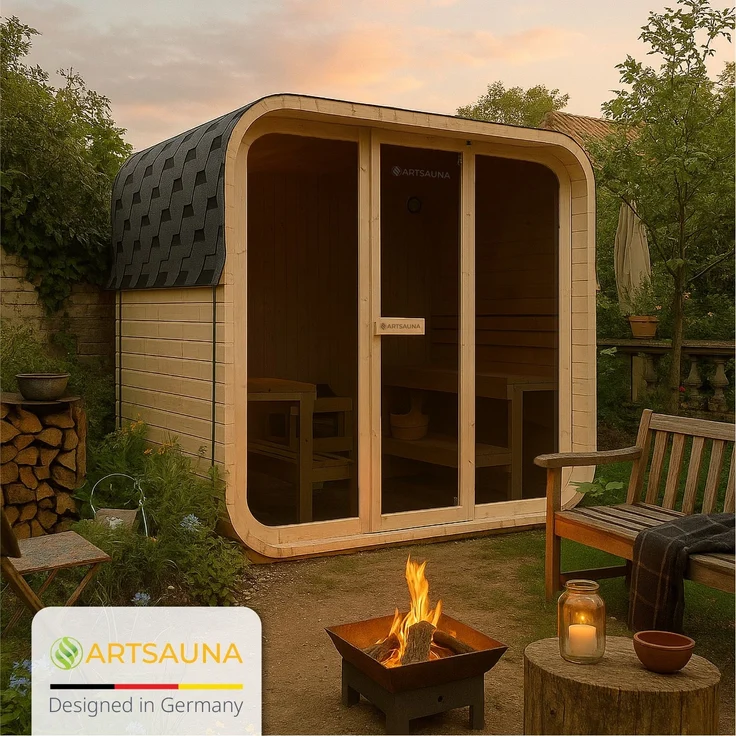 Artsauna Cube Fasssauna Fjora, Gartensauna für 6 Personen aus Fichte, 9 kW Saunaofen, LED-Beleuchtung, Zubehörset mit Sanduhr & Thermometer – Bild 7