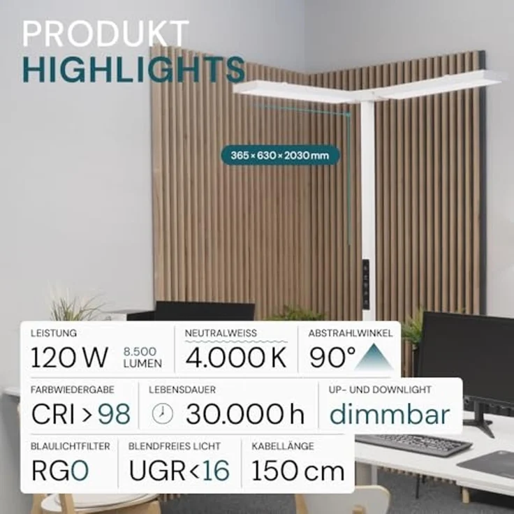 LUXULA LED-Büro-Stehleuchte, Up/Down, 120W, 4000K, EEK: F, 8500lm, IP20, dimmbar, weiß – Bild 2