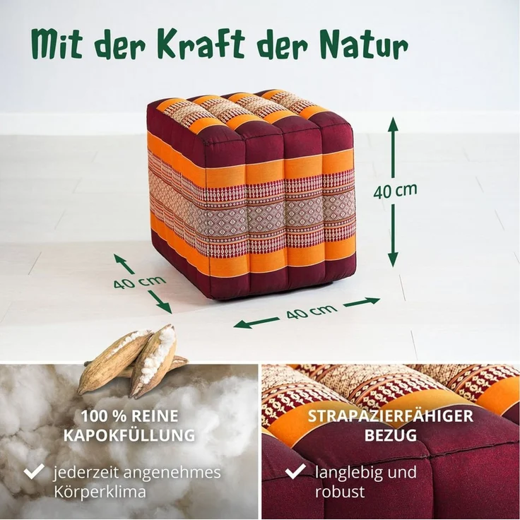 livasia Polsterhocker Würfelkissen - 40x40x40cm - Sitzwürfel, Kapok, vegan, handgefertigt – Bild 4