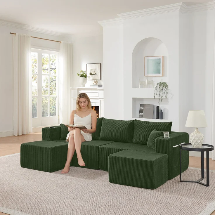 EINHOM 3-Sitzer modulares Ecksofa, komprimiertes L-Form Sofa mit beweglichen Ottomanen, weicher Cordstoff, Getränkehalter, Seitentasche und Kissen, geeignet für Wohnzimmer, Hotels und Mietwohnungen, Green – Bild 3