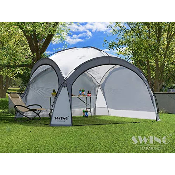 Swing & Harmonie LED Event Pavillon DomeShelter 3,6 x 3,6m mit Solarmodul und 96 LEDs, anthrazit, wasserabweisend, UV-beständig, inkl. Moskito-Netzseitenwände – Bild 4