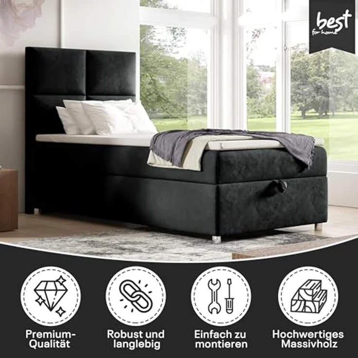 Best for Home Boxspringbett K2 SINGLE mit Bettkasten, Bonellmatratze & Komfort-Topper H3 (Einzelbett, Hotelbett, Polsterbett gepolstertes Kopfteil, Jugendbett, Kinderbett versch. Größen, 70x200 80x200 90x200 100x200 cm), verschiedene Liefermöglichkeite... – Bild 3