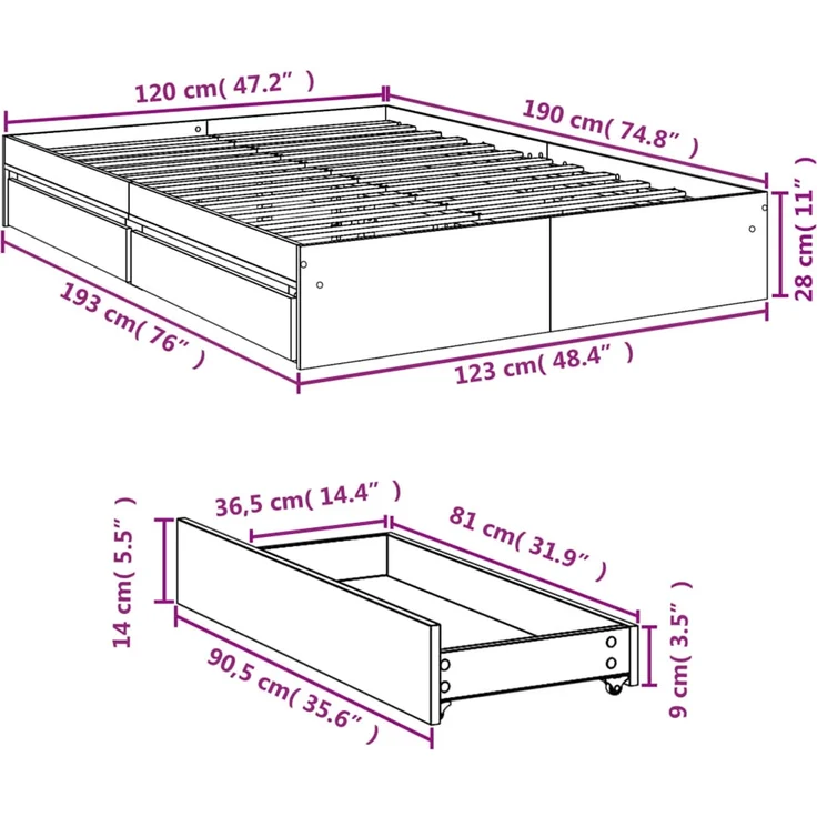 vidaXL Bettgestell mit Schubladen Räuchereiche 120x190cm Holzwerkstoff 3280703 – Bild 10
