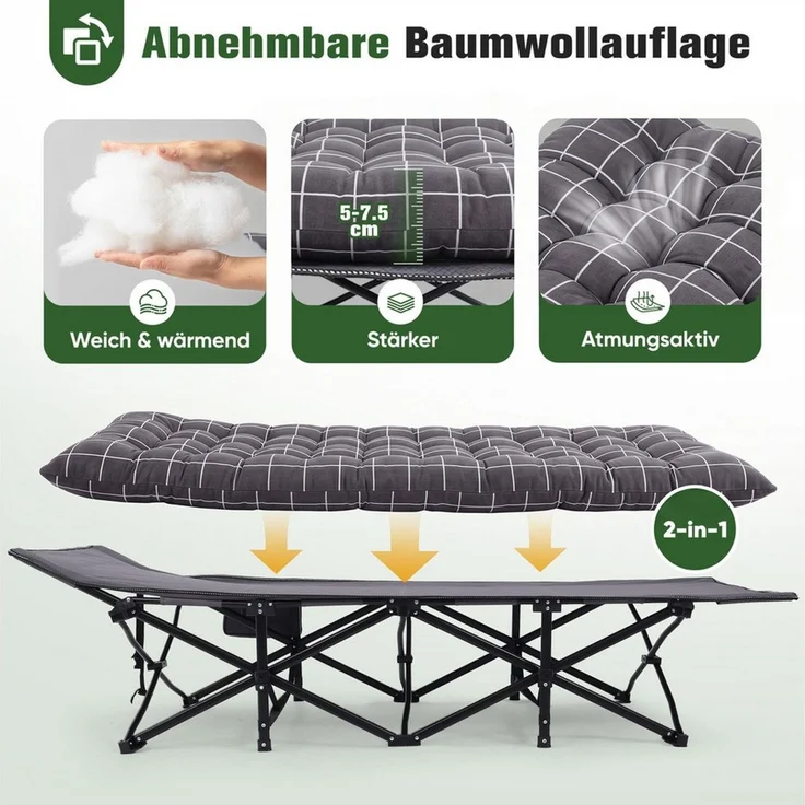 Sekey Feldbett 190cm x 71cm Campingbett Klappbar mit Matratze Gästebett Klappbett Tragbares Campingliege bis 200kg, Kariert, für Outdoor, Indoor, Reisen – Bild 2