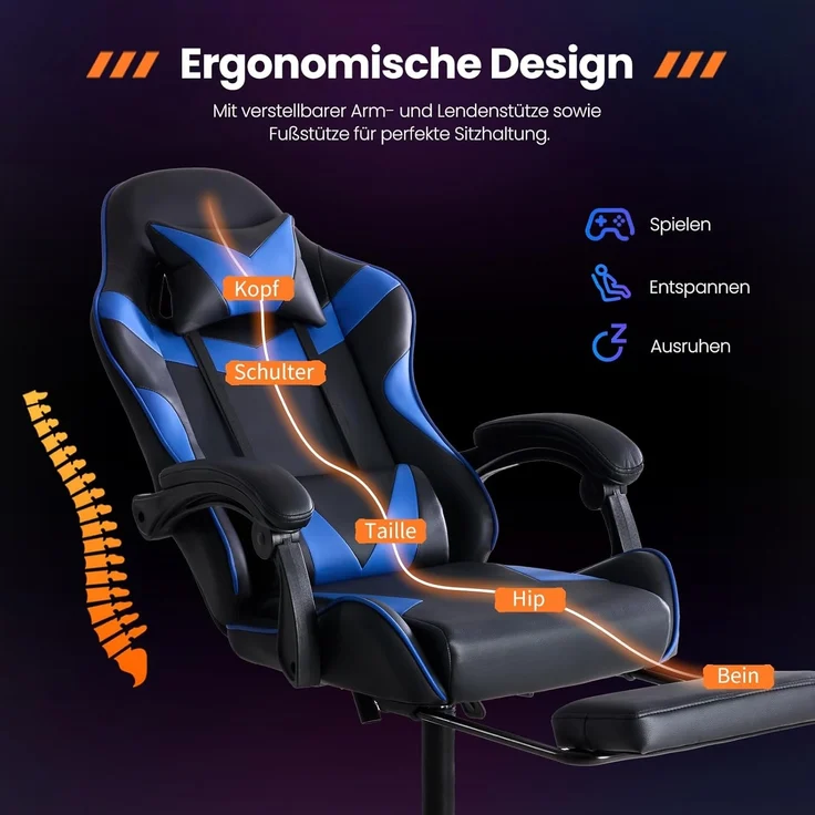 Sweetcrispy Gaming Stuhl, Gaming Chair mit Fußstütze Kopfstütze Lendenwirbelstütze, Ergonomischer PC Stuhl, Höhenverstellbarer Bürostuhl Computerstuhl, Gamer Stuhl, Drehbarer Schreibtischstuhl, Blau – Bild 6