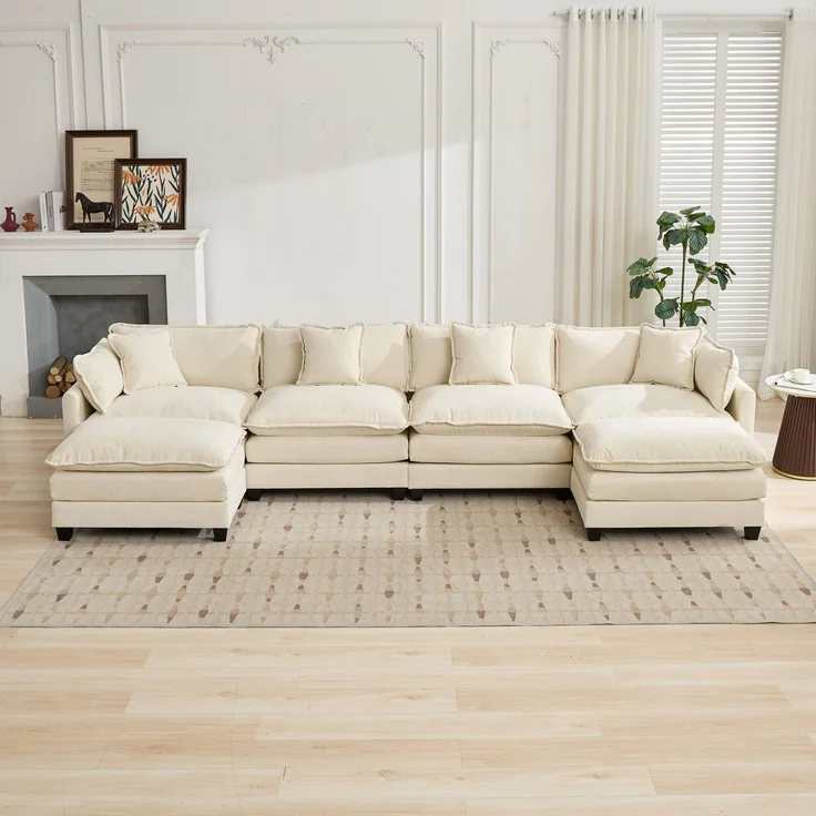 ZUBALIYA Sofa mit LED - Beleuchtung, mit Chenille - Bezug, mit Cordbezug, modular aufgebaut, aus Chenille, Beige – Bild 13