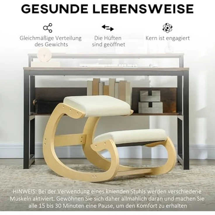 HOMCOM Stuhl Kniestuhl Ergonomisch, Kniestuhl aus Holz, Gesundheitsstuhl (Schreibtischstuhl, 1 St), für Homeoffice, zur Verbesserung der Körperhaltung, Cremeweiß – Bild 6