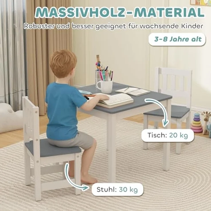 AIYAPLAY Kindersitzgruppe Kindertisch mit 2 Stühlen, (Sitzgruppe für Kinder, 3-tlg, Kindertisch mit 2 Stühlen), für Kinderzimmer, Kindergärten, 56 x 52 x 48 cm Grau – Bild 5
