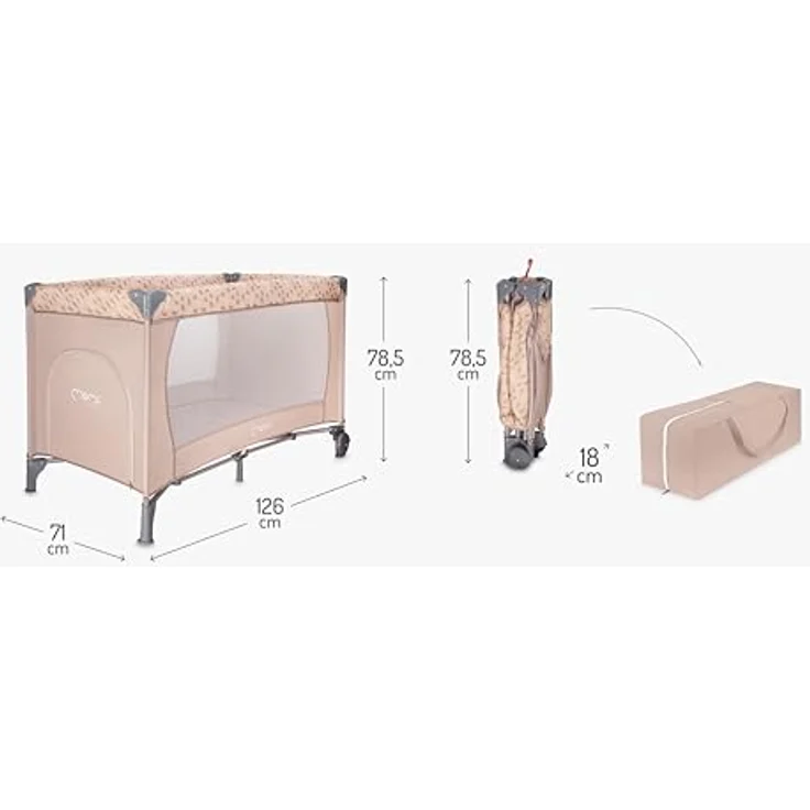 Momi BELOVE Reisebett für Kinder bis 15 kg Körpergewicht, B65 x L125 x H78 cm (faltbar 21 x 23 x 80 cm), Kinderreisebett mit Matratze, 2 Rädern, Transporttasche – Bild 9