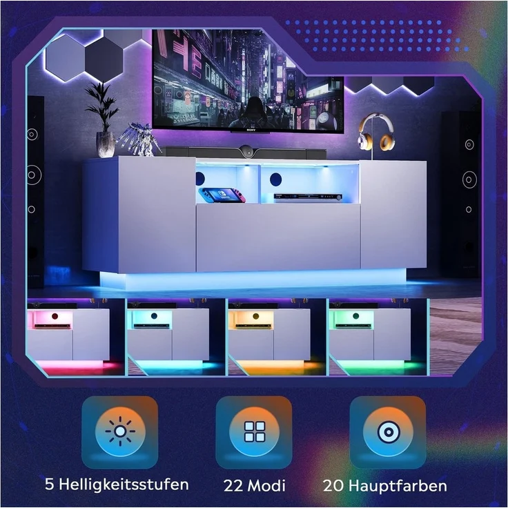 WLIVE TV-Schrank Modernes hängendes TV-Lowboard mit LED-Beleuchtung, 122/170 x36 x45 cm (TV Board mit Schränken und 2 Freiflächen, großer Stauraum) – Bild 3
