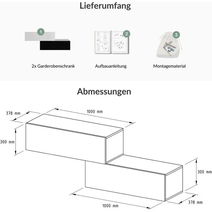 Planetmöbel Garderoben-Set 2x Hängeschrank WEST 100 cm schwarz - weiß, (Garderobenschrank, Wandgarderobe hängend oder stehend), in verschiedenen Farben – Bild 3