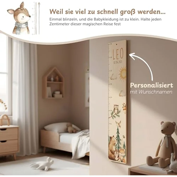 Kidsmood - Personalisierte Messlatte Kinder Aluverbund – Hochwertige Messleiste & Wand-Deko für Kinderzimmer mit liebevollem Fröhliche Waldtiere – Tolles Geschenk zur Geburt- (65-140cm) – Bild 2