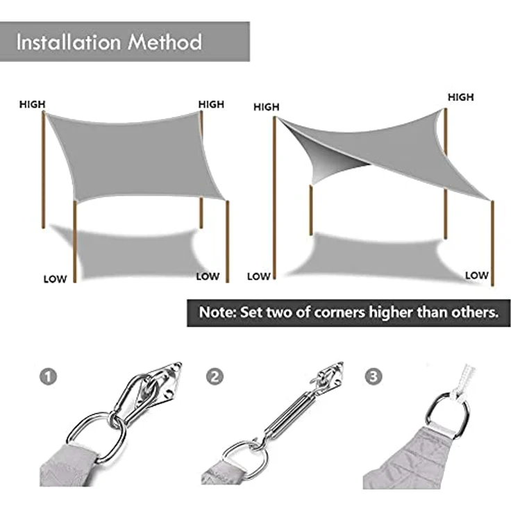 Dripex Sonnensegel wasserdicht Sonnenschutz Set 3X5 m inkl Befestigungsseile Rechteckig Polyester Imprägniert 95% UV Schutz Windschutz Wetterschutz für Balkon Garten Terrasse - Grau – Bild 7