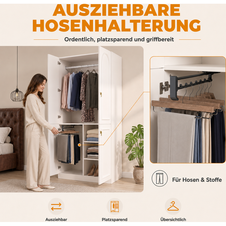 Kleiderschrank mit Kleiderstange und ausziehbarem Hosenhalter, 90x48x200 cm, Weiß – Bild 6