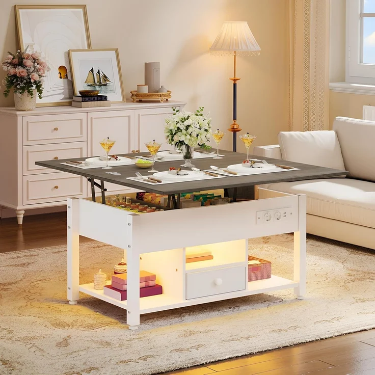 YITAHOME Couchtisch mit Höhenverstellbarer, 4-in-1-Multifunktions-Couchtisch mit Stauraum und LED Beleuchtung, Couchtisch lässt Sich in einen Esstisch für das Wohnzimmer umwandeln, Weiß&Grau – Bild 2