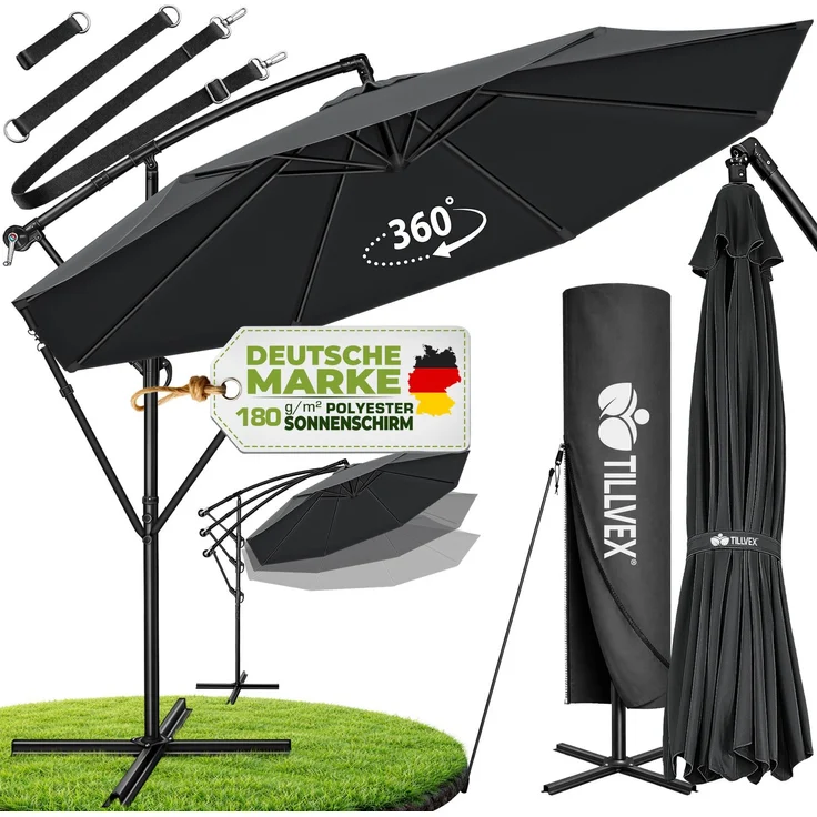 tillvex Sonnenschirm Anthrazit Ø 350 cm Ampelschirm Gartenschirm Marktschirm Kurbel Balkon Alu Neigbar Anthrazit - Ø350cm – Bild 1