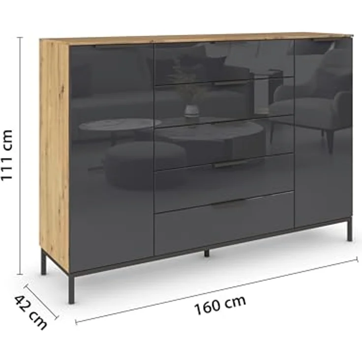 Rauch Möbel Flipp, Nachttisch für Schlafzimmer, Garderobe, 2-türig, 5 Schubladen, mit Softclose-Funktion, Griffe und Metallkufe Graphit, Farbe Eiche Artisan, Holz/Glas Basalt, Schwarz, Breite 160 cm – Bild 4