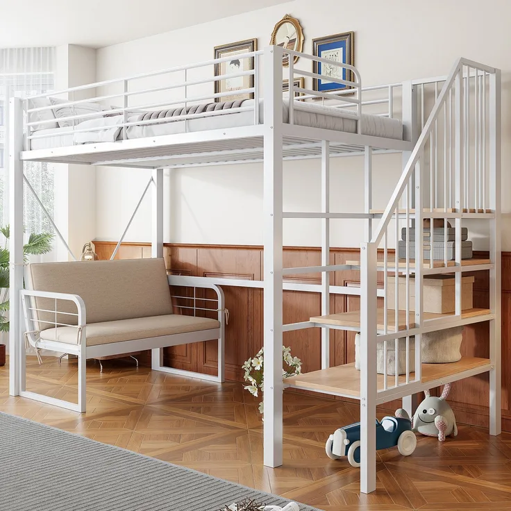 EINHOM Etagenbett (90 x 200 cm ) mit Stabilem Metallrahmen, Hochbett mit Abnehmbarem Polstersofa, Stauraum und Sicherheitstreppe. Geeignet für Kinder, Jugendliche und Erwachsene Weiß (Ohne Matratze)