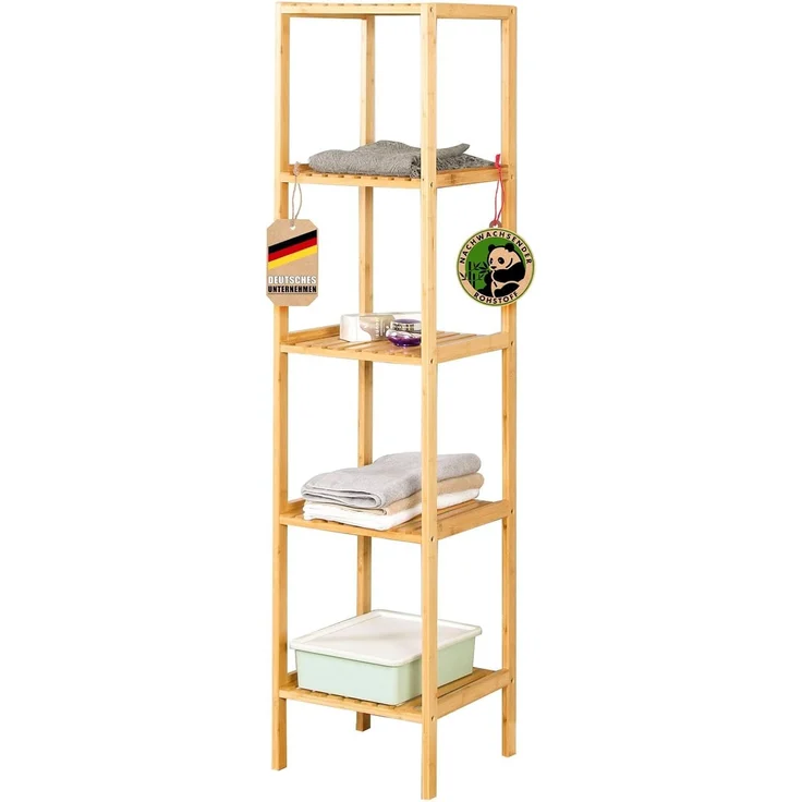 Floordirekt Bambus Regal, schmales Standregal für Badezimmer, Schlafzimmer, Wohnzimmer, Holzregal mit 3/5 Etagen, Regal Größe 34 x 33 x 146 cm (Lowa) (5 Etagen)