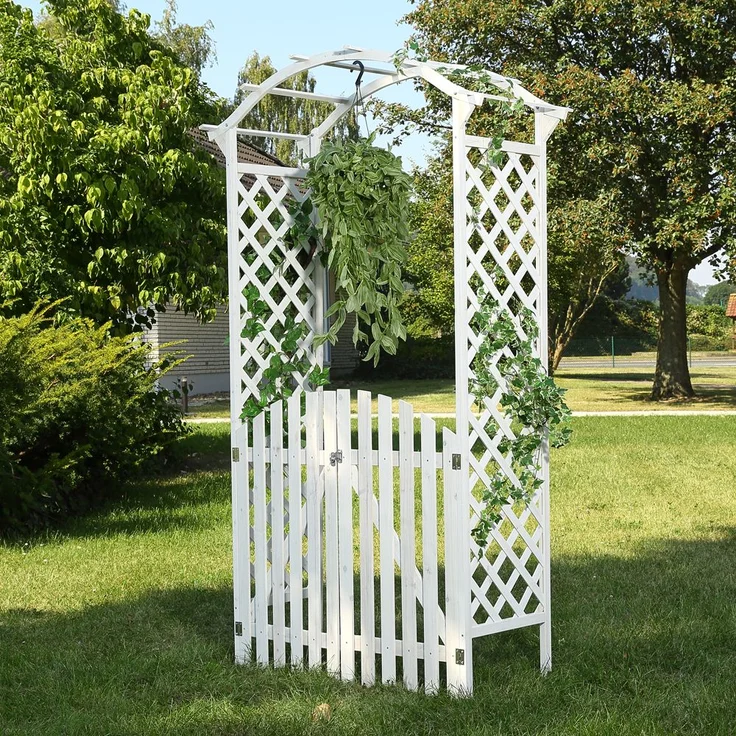 Rosenbogen Weiß mit Türen Spalier Rankhilfegitter Holz Pergola Garten Torbogen – Bild 2