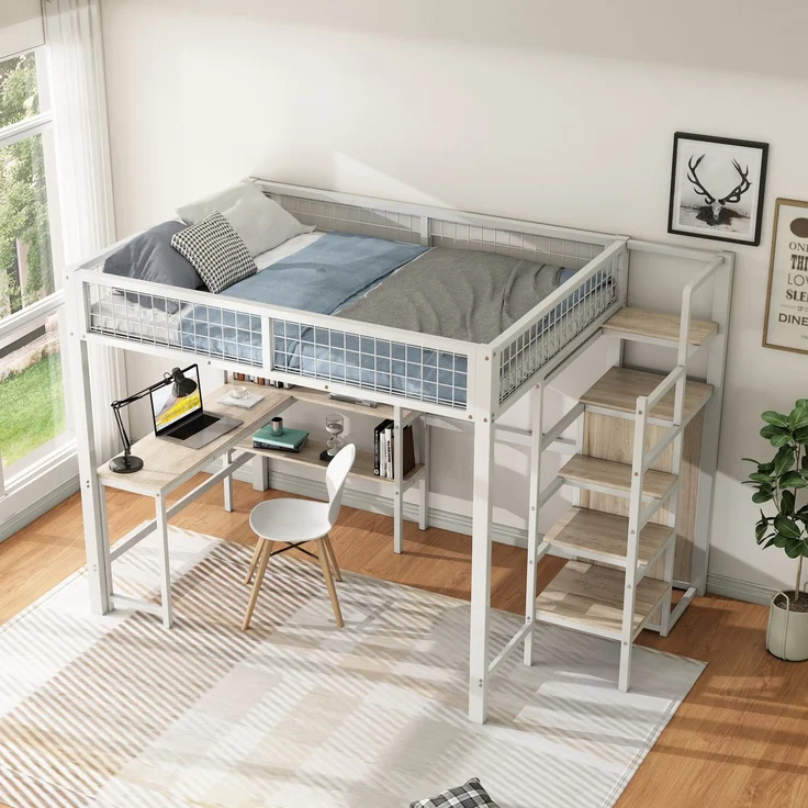 Hochbett, 140*200 cm, Eisenbett, Ablageleiter, mehrere Regale, Ohne Matratze, Einbauschrank, Schreibtisch, Weiß – Bild 3